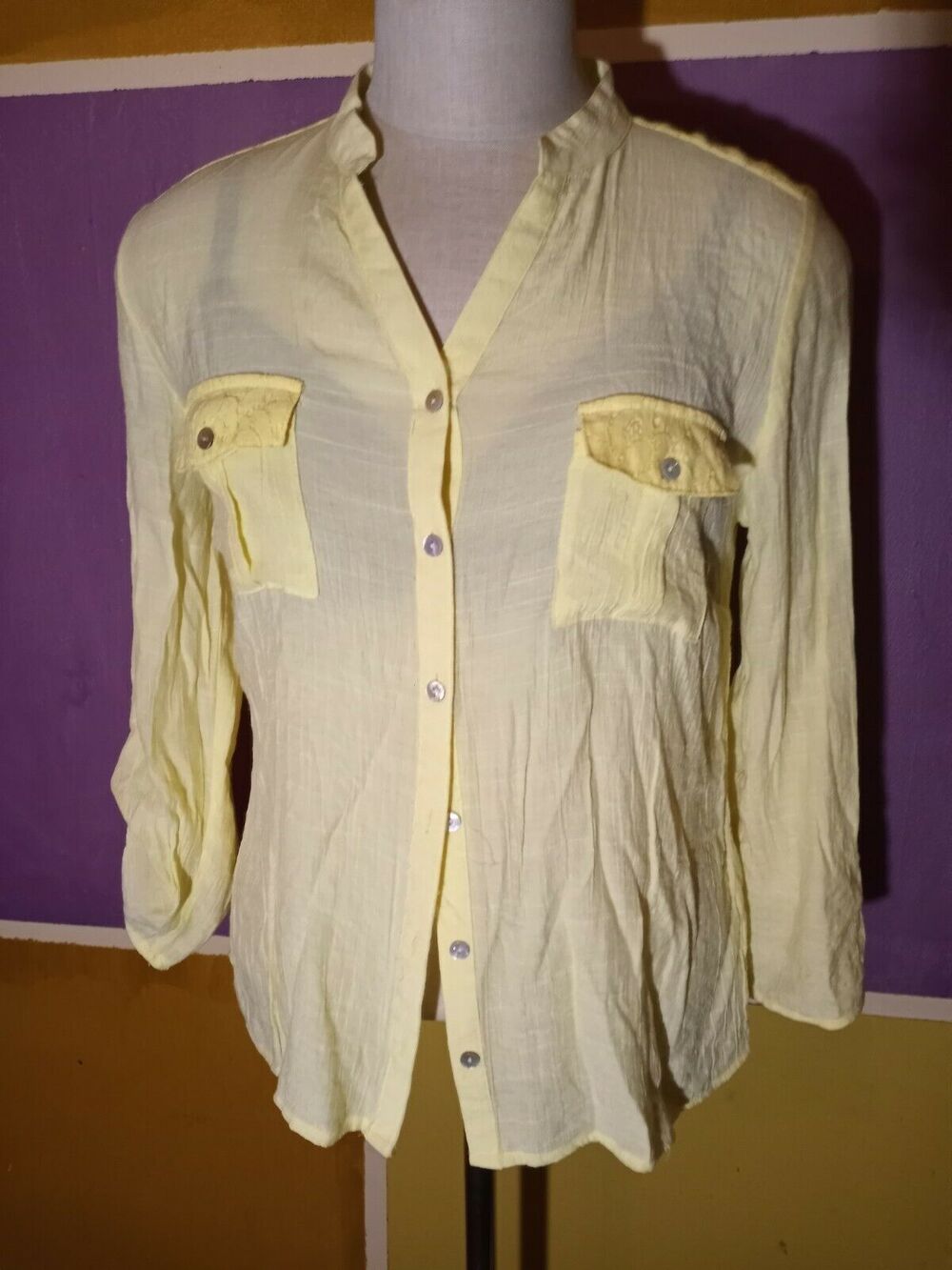 NOTATIONS Yellow LACE SHOULDERS ROLL SLEEVE BLOUSE